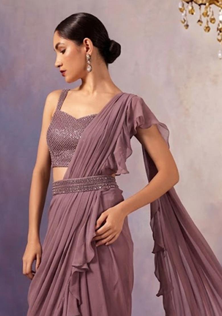 Mauve Mist Embroidered Designer Pre Draped Saree Set - Indya