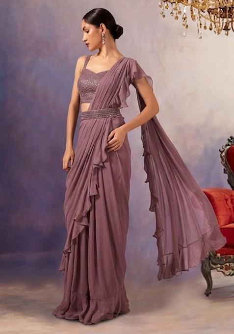Mauve Mist Embroidered Designer Pre Draped Saree Set