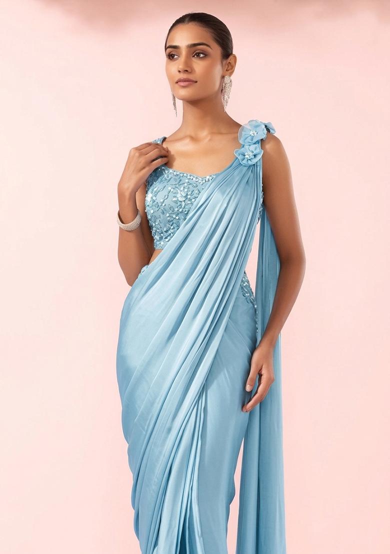Blue Embellished Designer Pre Draped Saree Set - Indya