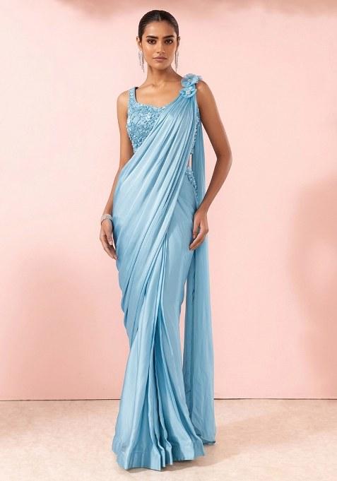 Blue Embellished Designer Pre Draped Saree Set