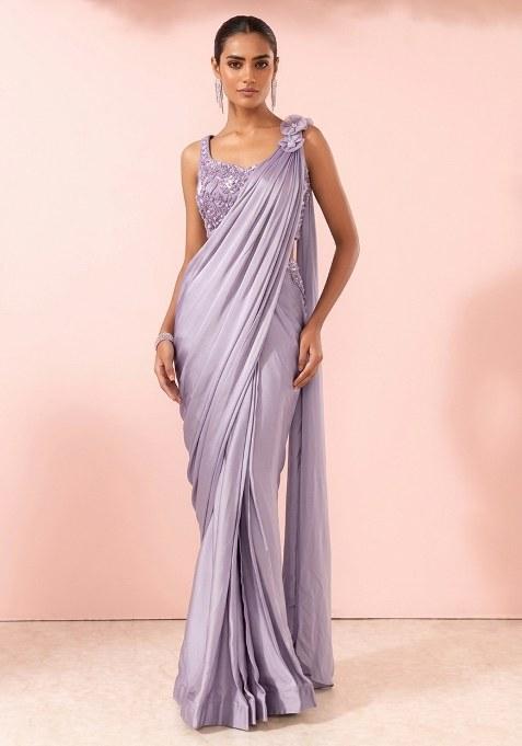 Lavender Fog Embellished Designer Pre Draped Saree Set