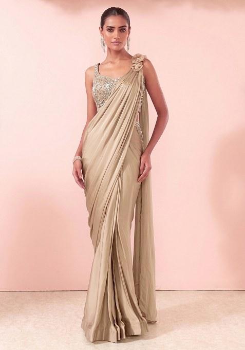 Beige Embellished Designer Pre Draped Saree Set