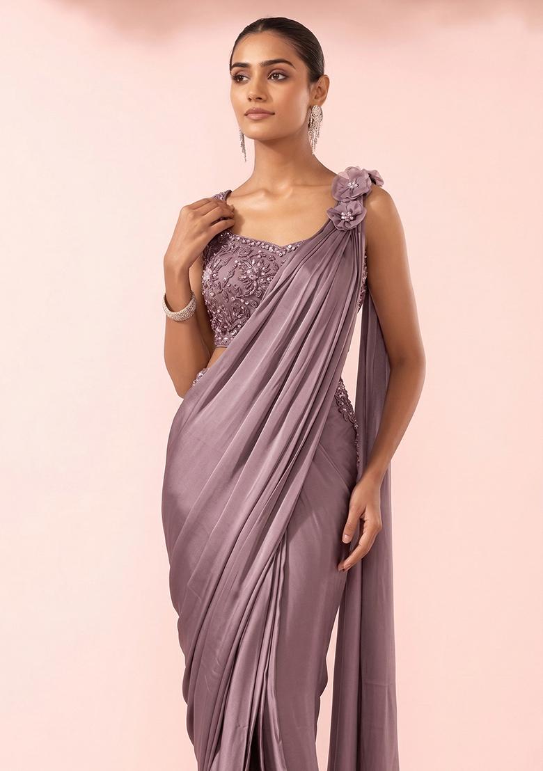 Twilight Mauve Embellished Designer Pre Draped Saree Set - Indya