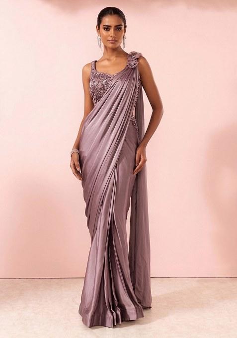 Twilight Mauve Embellished Designer Pre Draped Saree Set