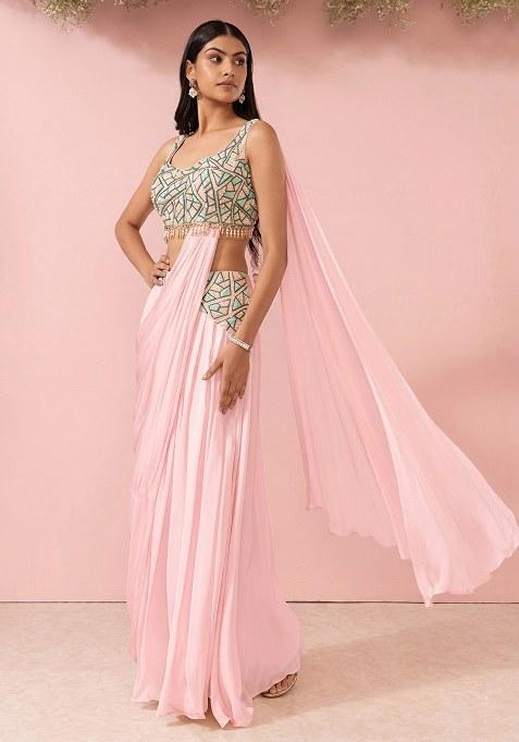 Blossom Embellished Designer Pre Draped Saree Set