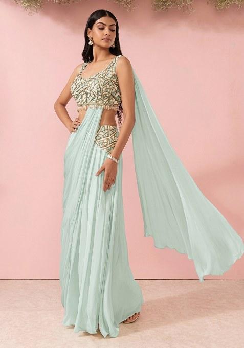 Hushed Green Embellished Designer Pre Draped Saree Set