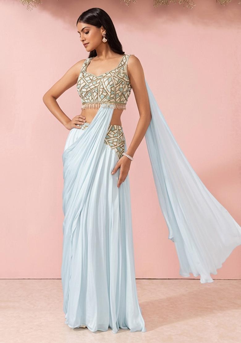 Ice Melt Embellished Designer Pre Draped Saree Set - Indya