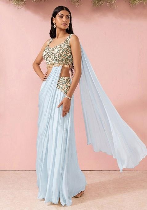 Ice Melt Embellished Designer Pre Draped Saree Set