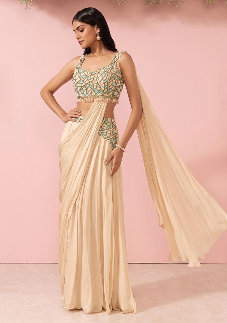 Novelle Peach Embellished Designer Pre Draped Saree Set - Indya