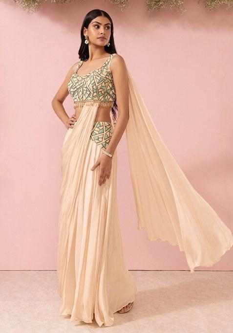 Novelle Peach Embellished Designer Pre Draped Saree Set