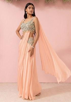 Peach Mousse Embellished Designer Pre Draped Saree Set