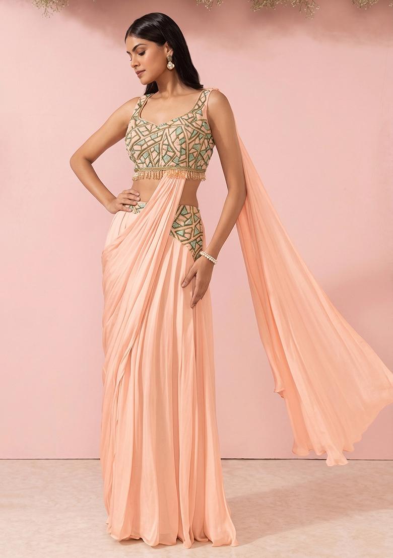Peach Mousse Embellished Designer Pre Draped Saree Set - Indya