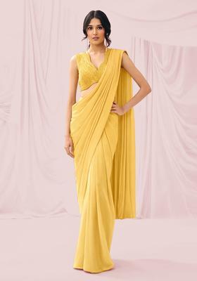 Mustard Embroidered Handwork Pre Draped Saree Set