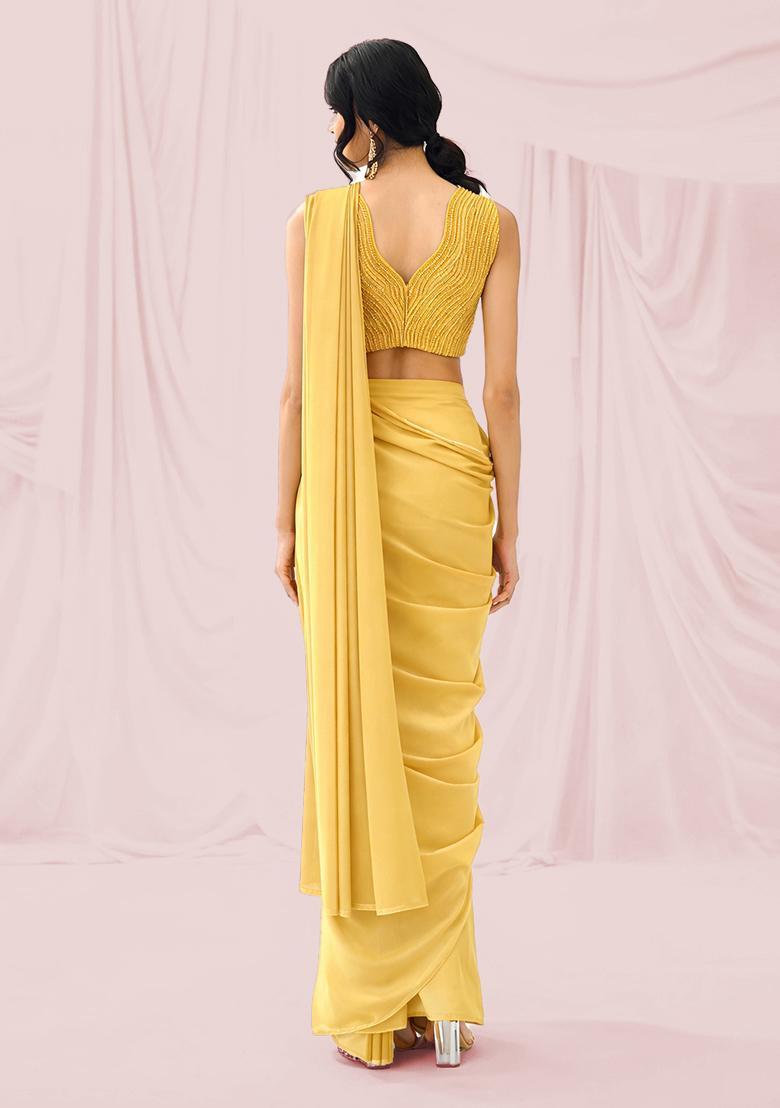 Mustard Embroidered Handwork Pre Draped Saree Set - Indya