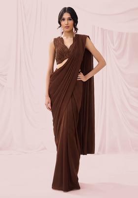 Brown Embroidered Handwork  Pre Draped Saree Set