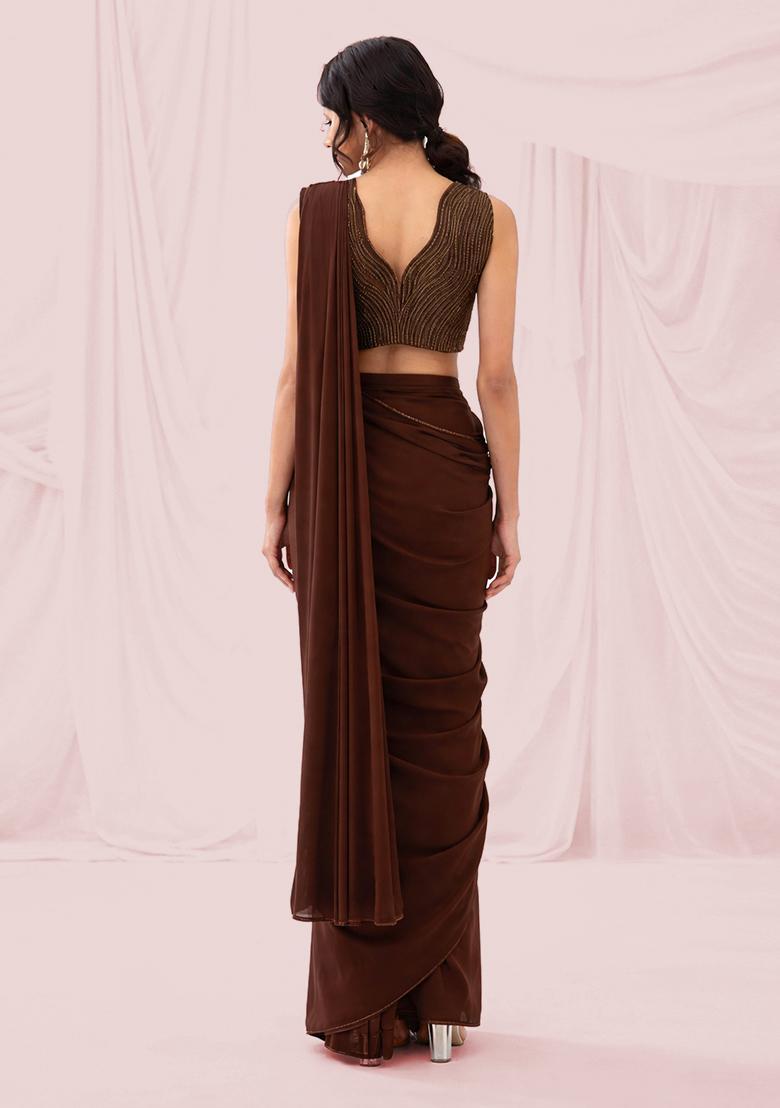 Brown Embroidered Handwork Pre Draped Saree Set - Indya