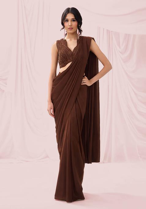 Brown Embroidered Handwork  Pre Draped Saree Set