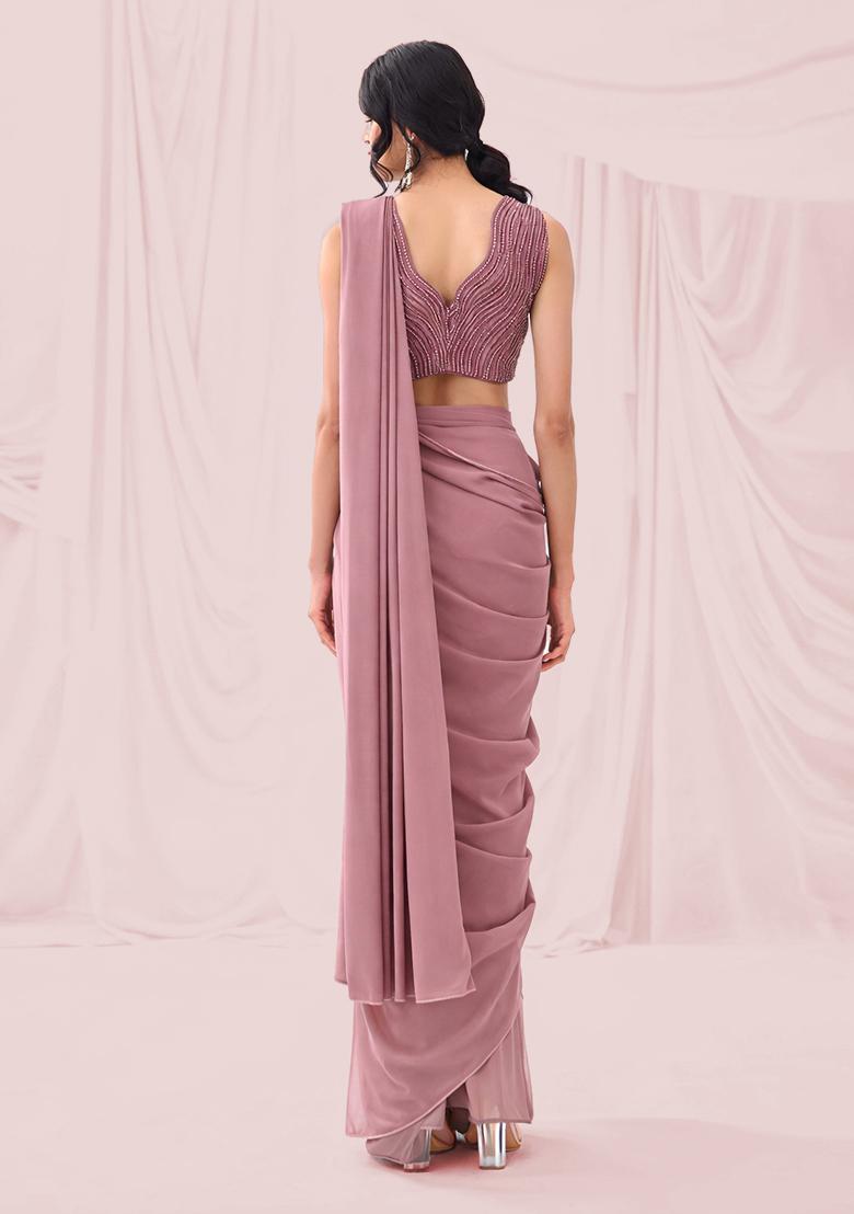 Mauve Embroidered Handwork Pre Draped Saree Set - Indya