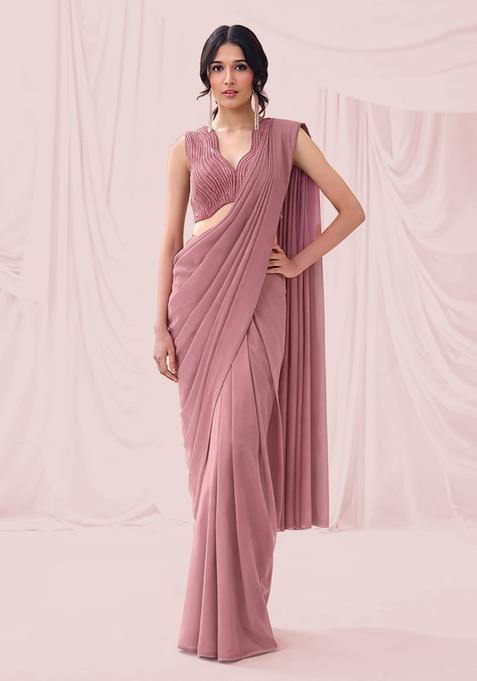 Mauve Embroidered Handwork  Pre Draped Saree Set