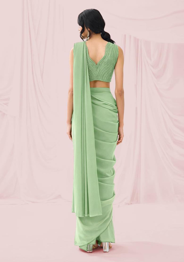 Pastel Green Embroidered Handwork  Pre Draped Saree Set - Indya