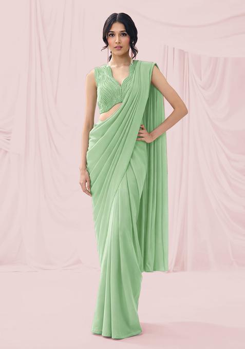 Pastel Green Embroidered Handwork  Pre Draped Saree Set