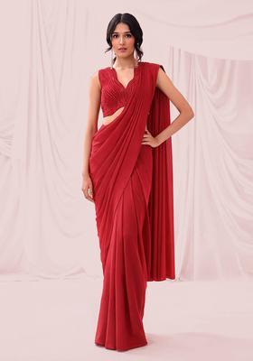 Red Embroidered Handwork  Pre Draped Saree Set