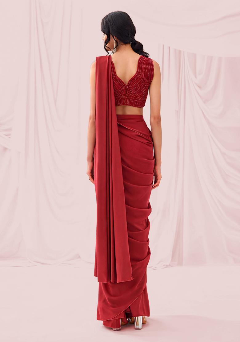 Red Embroidered Handwork  Pre Draped Saree Set - Indya