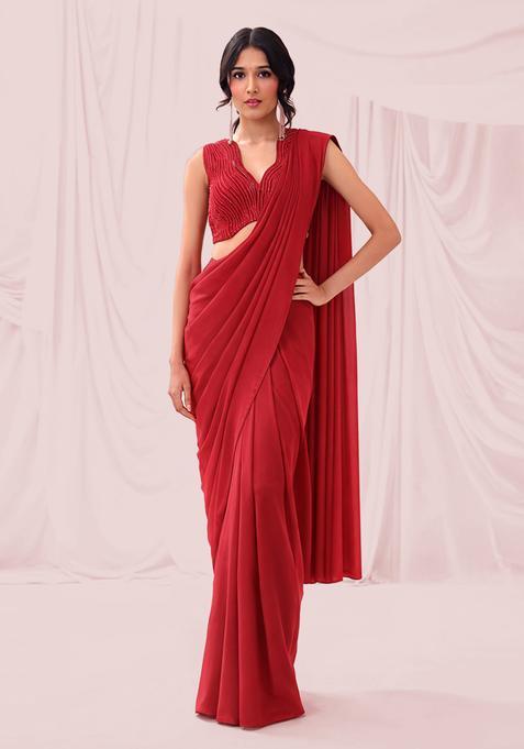 Red Embroidered Handwork  Pre Draped Saree Set