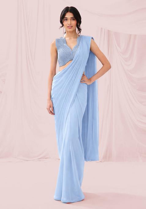 Whispy Blue Embroidered Handwork  Pre Draped Saree Set