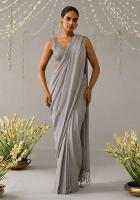 Grey Embroidered Handwork Pre Draped Saree Set