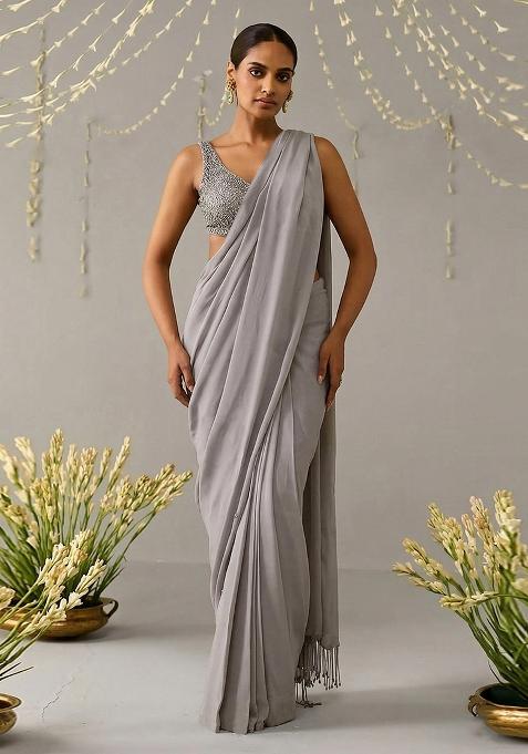 Grey Embroidered Handwork  Pre Draped Saree Set