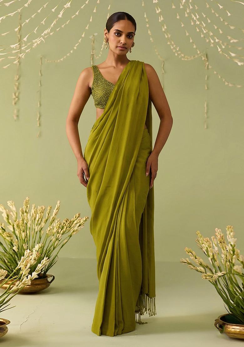 Green Embroidered Handwork  Pre Draped Saree Set - Indya