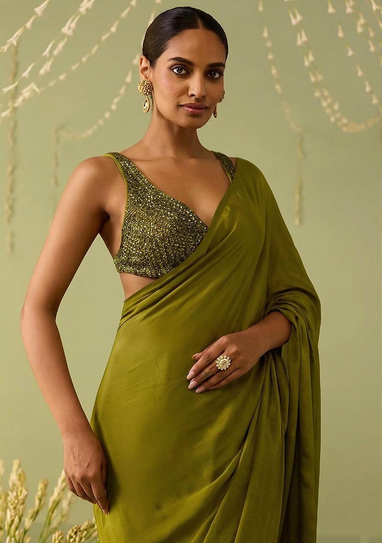 Green Embroidered Handwork  Pre Draped Saree Set - Indya