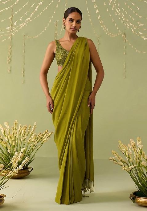 Green Embroidered Handwork  Pre Draped Saree Set