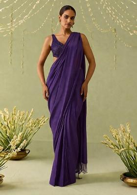 Purple Embroidered Handwork  Pre Draped Saree Set