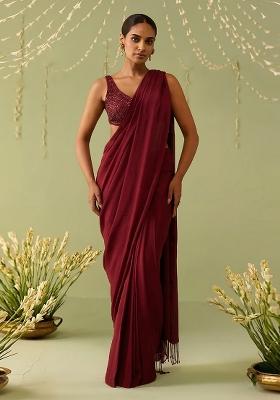 Red Embroidered Handwork  Pre Draped Saree Set