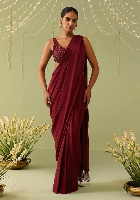 Red Embroidered Handwork  Pre Draped Saree Set