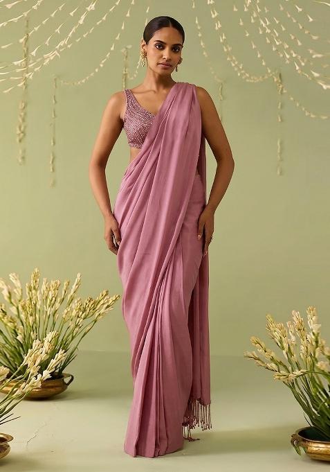 Pink Embroidered Handwork  Pre Draped Saree Set