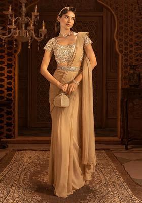 Golden Beige Embroidered Handwork  Pre Draped Saree Set