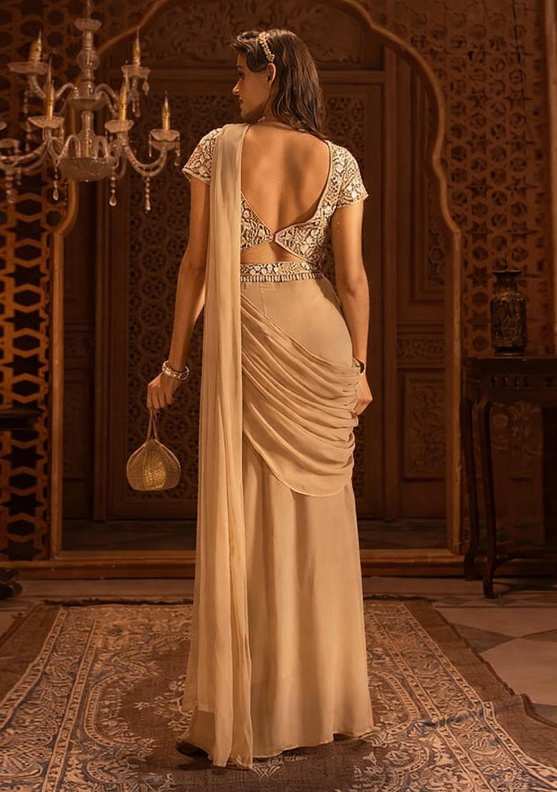 Golden Beige Embroidered Handwork  Pre Draped Saree Set - Indya
