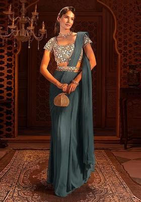 Teal Green Embroidered Handwork  Pre Draped Saree Set