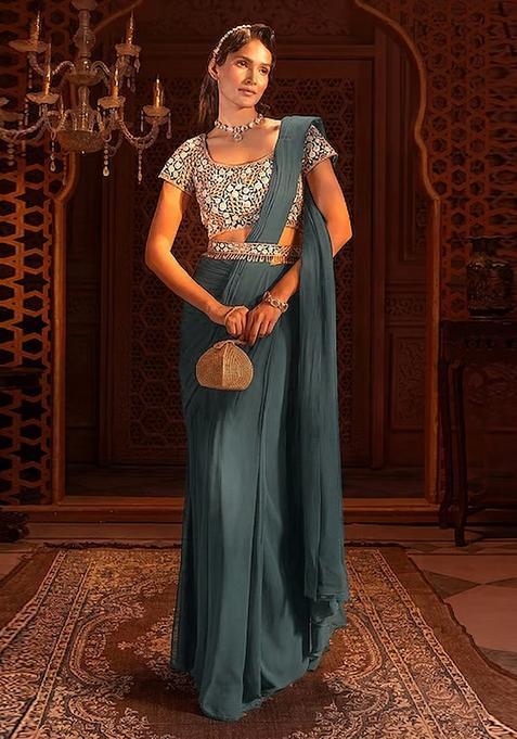 Teal Green Embroidered Handwork  Pre Draped Saree Set