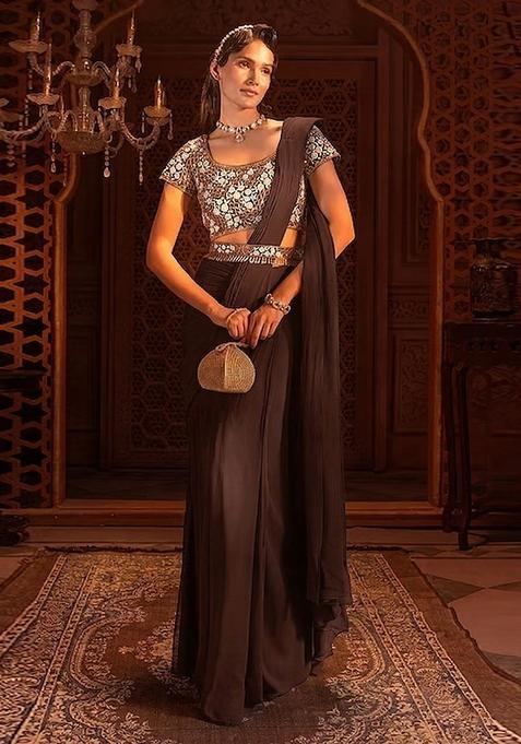 Brown Embroidered Handwork  Pre Draped Saree Set