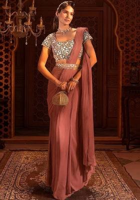 Mauve Embroidered Handwork  Pre Draped Saree Set
