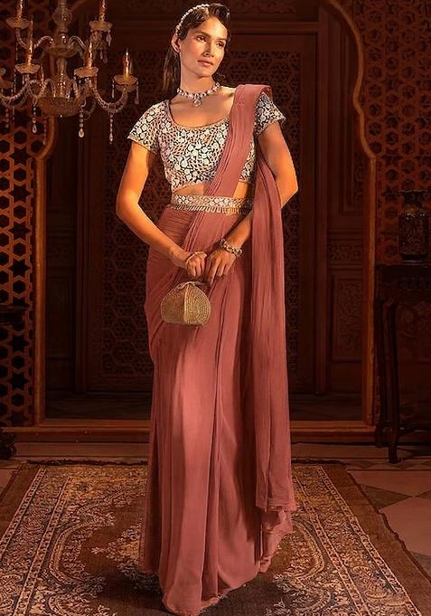 Mauve Embroidered Handwork  Pre Draped Saree Set