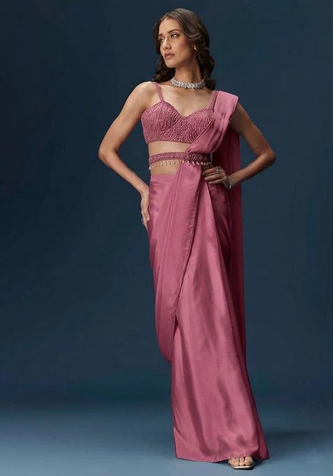 Dusty Rose Embroidered Handwork  Pre Draped Saree Set