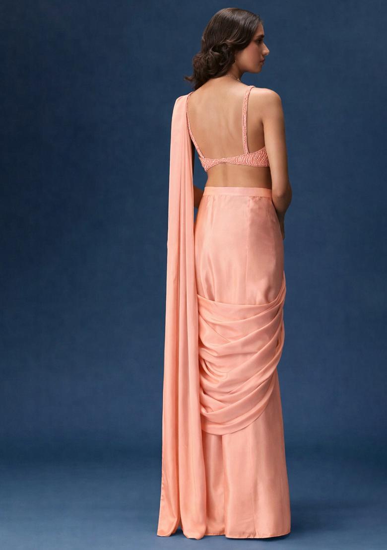 Peach Embroidered Handwork Pre Draped Saree Set - Indya