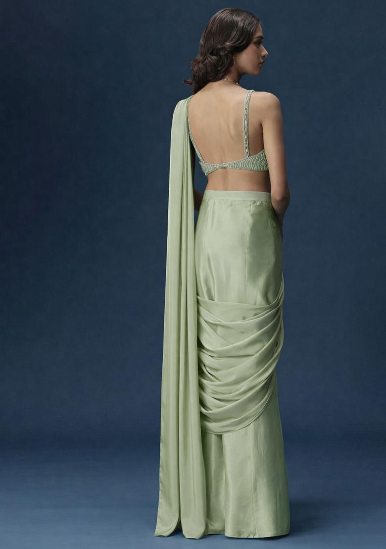 Pastel Green Embroidered Handwork  Pre Draped Saree Set - Indya