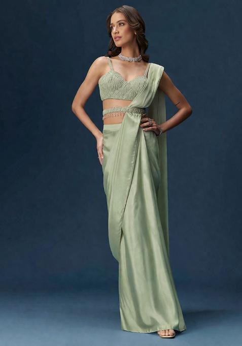 Pastel Green Embroidered Handwork  Pre Draped Saree Set