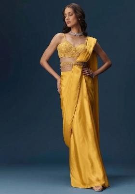 Yellow Embroidered Handwork  Pre Draped Saree Set